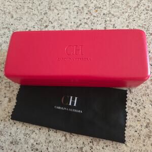 Carolina Herrera Glasses Case Red Leather Hard Shell Black Velvet Lining Cloth